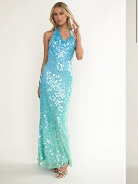SAINTS & SECRETS Kirralee Asymmetric Halterneck Sequin Maxi Dress Blue Multi